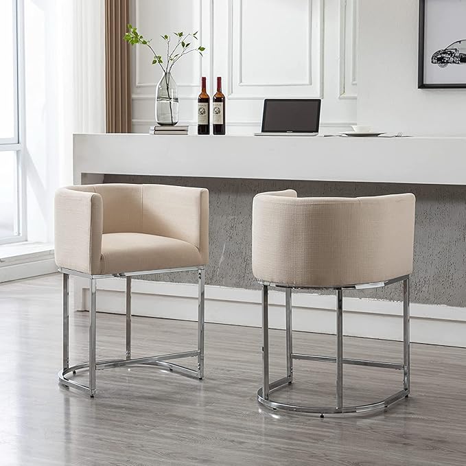 Contemporary Cream Linen Bar Stools Set of 3, 24" Upholstered Fabric Counter Height Barstools Kitchen Counter Island Stools with Screwed Together Chrome Finish Base
