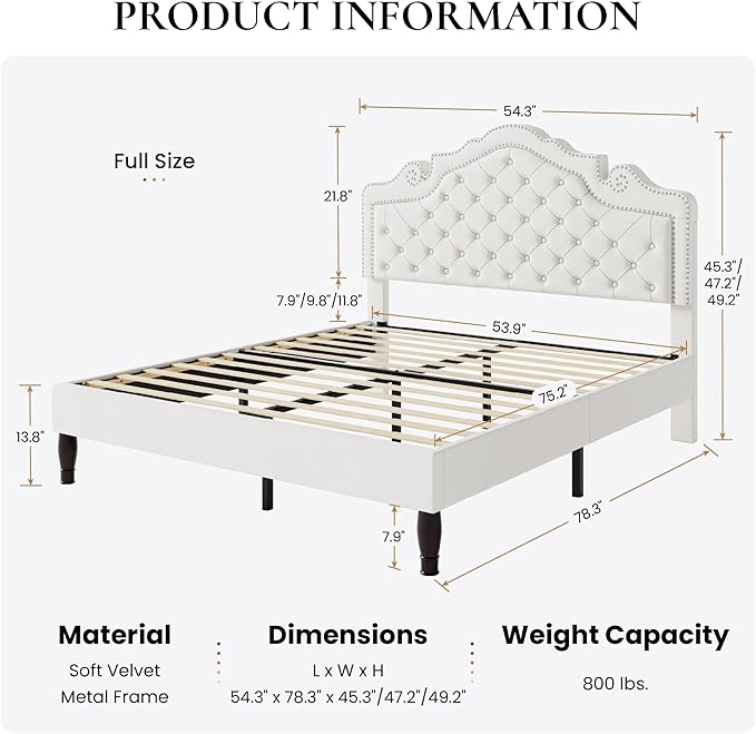 SHA CERLIN Full Size Bed Frame with Adjustable Headboard/Velvet Upholstered/Diamond Button Tufted and Metal Studs/No Box Spring Needed/Sturdy Wood Slat Support/Easy Assembly/White