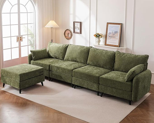 135'' Modular Sectional Sofa with All Seats Storage, Oversized L Shaped Couch for Living Room,4-Seater Comfy Cloud Couches with Movable Ottoman,Big Sectionals for Bedroom,Velet,Green