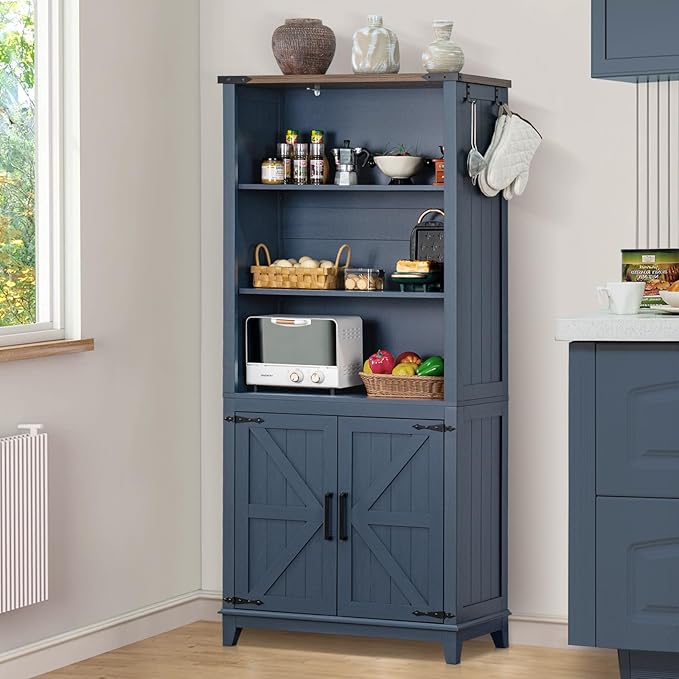 5 Tier Bookshelf 70in Tall Bookcase with Barn Doors and Storage Cabinet, Blue Farmhouse Book Shelf with Adjustable Shelves, Wood Freestanding Display Bookshelves for Bedroom, Kitchen (3PCS)