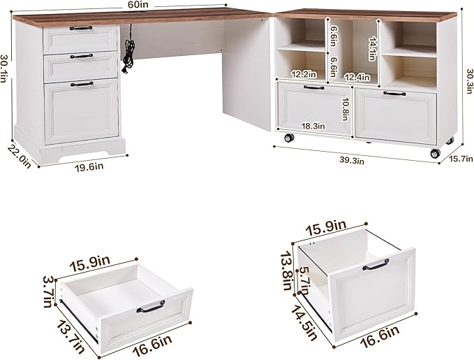 60" L-Shaped Executive Desk with 40" File Cabinet,Farmhouse Home Office Desk with Charging Station,Wood Computer Desk Set for Office Work,Home Study