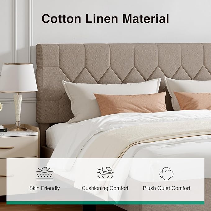 Novilla King Size Bed Frame, King Bed Frame and Headboard, Linen Upholstered Pull-Point Bed Frames, No Box Spring Needed, Heavy Duty Feet, Easy Assembly, Beige
