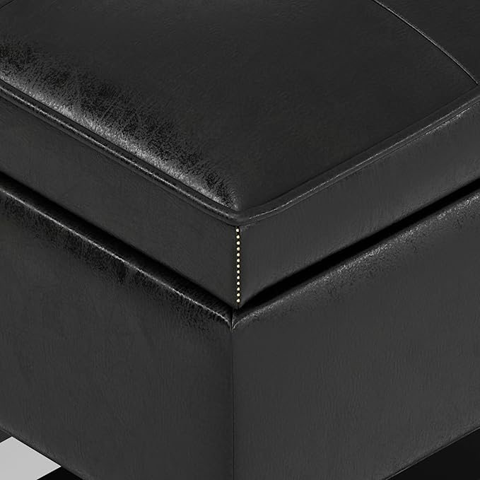 SIMPLIHOME Cosmopolitan Storage Ottoman Bench - 44 inch Wide Upholstered Vegan Leather Rectangle Storage Ottoman in Distressed Black, Transitional Bench for Bedroom with Tufted Lift-Top and Open Shelf