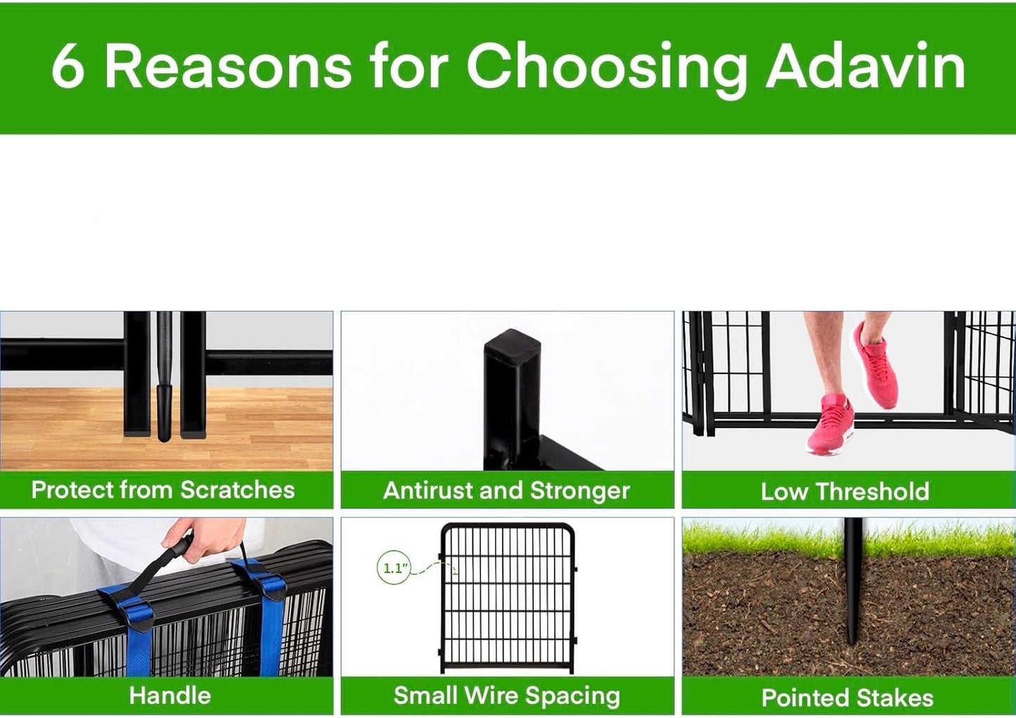 ADAVIN Dog Playpen Outdoor, 24in(H) x 9.8Ft(L) 4 Panels Animal Fence for Yard, Low Threshold Gate,Black Metal Garden Fencing, Temporary Fence for Puppy and Small Dogs, Dog Play Pen for RV Camping