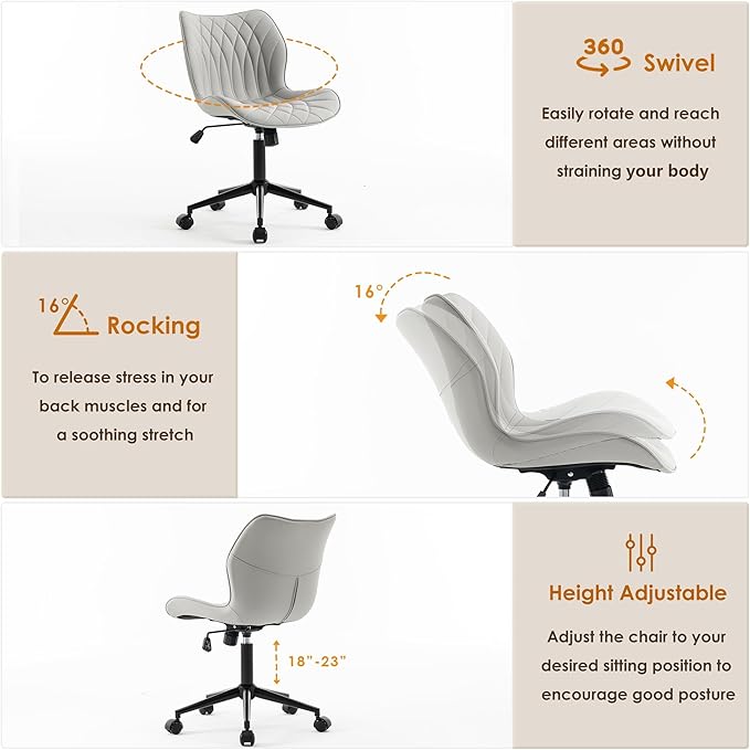 YOUNUOKE Armless Desk Chair Comfy Office Chair with Wheels Home Ergonomic Task Chair Adjustable Computer Chairs Modern Faux Leather Swivel Chair Upholstered Makeup Vanity Chair with Back(Gray)