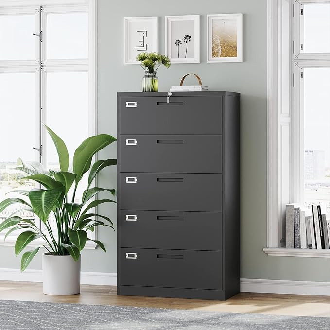 Lateral Filing Cabinet,5 Drawer File Cabinet with Lock,Office Lateral File Cabinets for Legal/Letter A4 Size,Require Assembly, Black