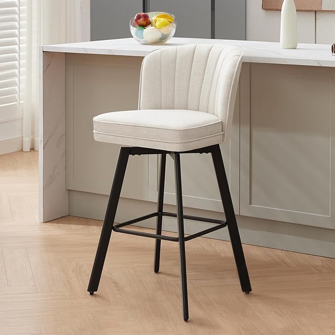 Swivel Counter Height Bar Stools Set of 3, 30'' Modern Barstools with Backs and Metal Legs, Upholstered Bar Chairs, Beige, Fabric Stools for Kitchen Island Chairs