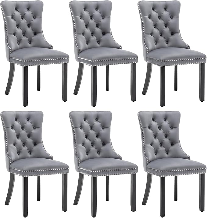 Velvet Dining Chairs Set of 6, Tufted Dining Room Chairs with Nailhead Ring Pull Trim, Upholstered Dining Chairs with Solid Wood Legs for Kitchen Dining Room (Grey)