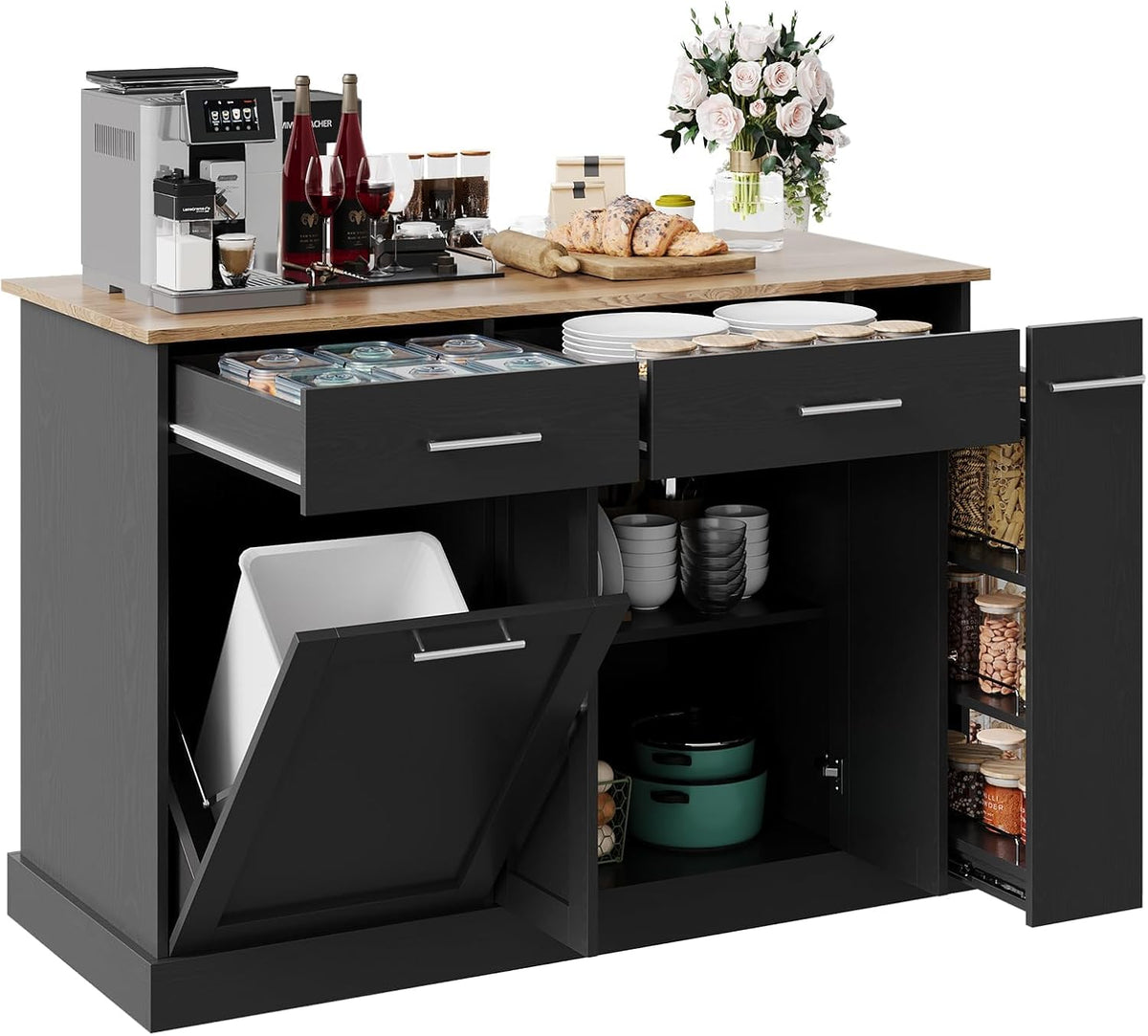 4 EVER WINNER Kichen Island with Storage,Rolling Kitchen Island Cart on Wheels,Mobile Island with Wooden Countertop for Kitchen,Black