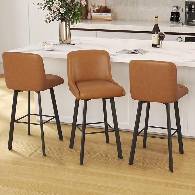 Swivel Counter Height Bar Stools Set of 3, 29''H Upholstered Barstools with Backs, Modern Bar Stool Chairs for Kitchen Island, Metal Legs, Faux Leather, Whiskey Brown Stools Counter Chair