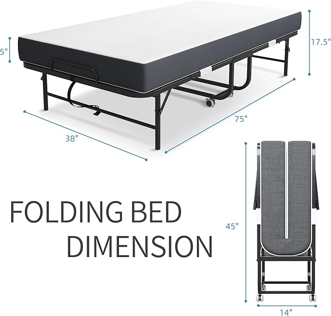 Folding Bed with Mattress for Adults, 75" x 38" Foldable Bed, Twin Size Metal Bed Frame with Wheels, Portable Rollaway Bed for Guest, Travel
