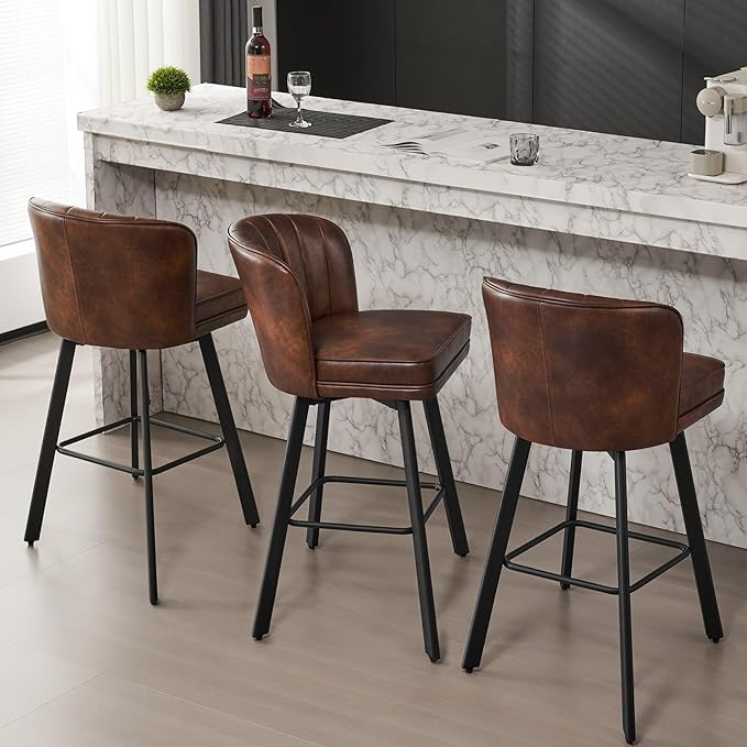 Swivel Counter Height Bar Stools Set of 2, 30'' Modern Barstools with Backs and Metal Legs, Upholstered Bar Chairs, Faux Leather Brown Stools for Kitchen Island Chairs