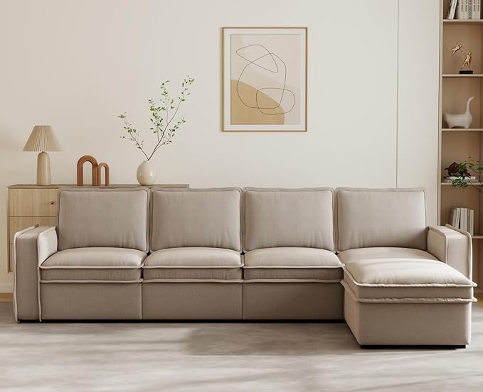 EALSON 119" Modular Sectional Sofa Comfy Cloud Couch with Ottoman Modern Convertible L Shape Couches with Wooden Legs Linen Deep Seat Couch 4-Seater Sofa with Ottoman for Living Room/Apartment,Oatmeal