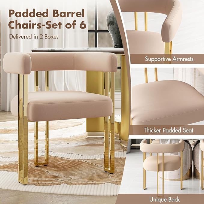 Velvet Dining Chairs Set of 6, Khaki Upholstered Barrel Armchairs with Gold Metal Legs for Kitchen Island, Mid Century Modern Accent Side Chairs for Dining Room and Living Room, Open-Back