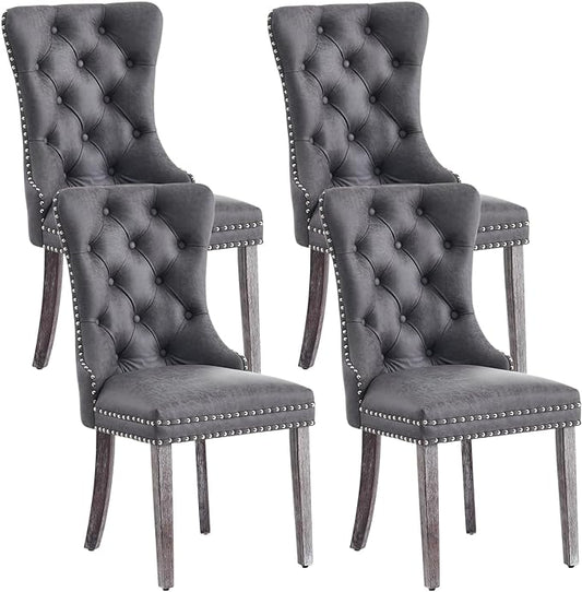 Leather Dining Chair Set of 4, Dining Room Chairs with Nailhead Ring Pull Trim, Upholstered Dining Chairs with Solid Wood Legs for Kitchen Dining Room (Grey)