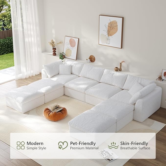 138" Boneless Cloud Couch Modular Sectional Sofa with Deep Seat for Living Room, L Shape Couch with Ottoman, Snowflake Cloth and 40D Memory Sponge，2 Throw Pillows (White, 4 Seater+4 Ottoman)