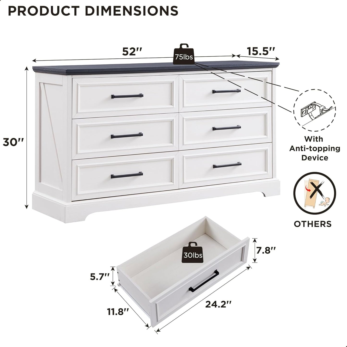 Farmhouse 6 Drawer Dresser for Bedroom, 52 Inch Wide Modern Dresser TV Stand with Large Drawers & Bar Handles, Rustic Wood Chest of Drawers for Bedroom, Living Room, Hallway, Off White