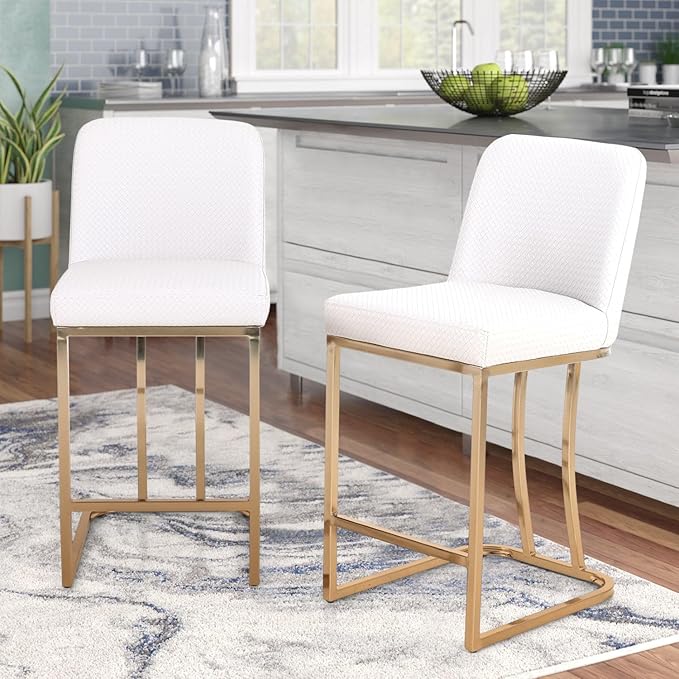 Sophia & William Creamy White & Gold Counter Height 2 Bar Stools Set - Farmhouse Style with Back, Modern Faux Leather Upholstered