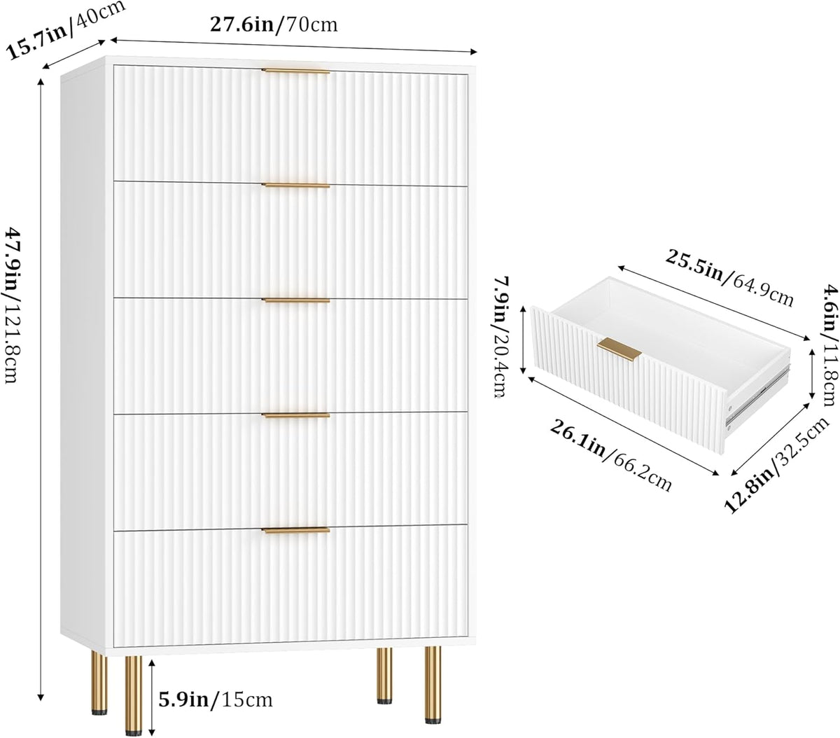 Fluted Wood Dresser 5 Drawers Dresser for Bedroom, Modern White Tall Dressers with Gold Handle, Wood Drawer Organizer for Bedroom, Living Room, Hallway, Entryway
