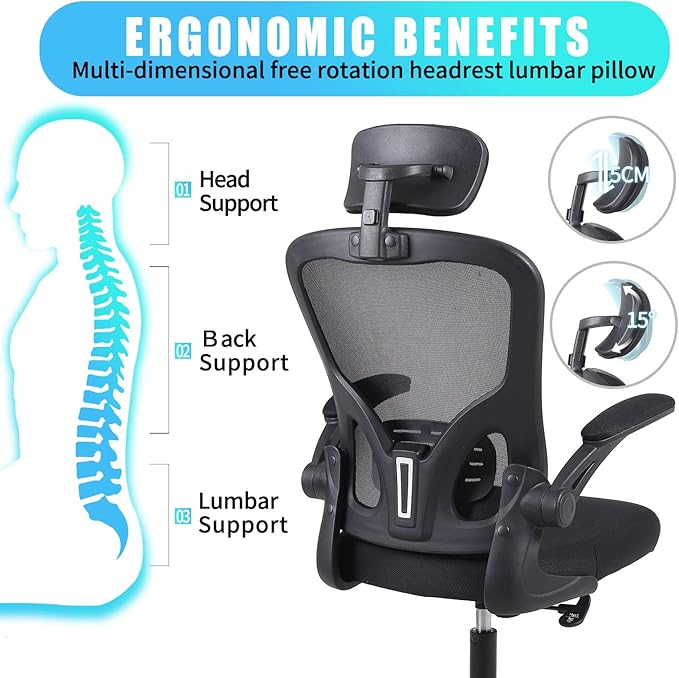 Flysky Ergonomic Office Chair, Mesh Home Office Desk Chair with Flip-up Arms and Lumbar Support, Height Adjustable, Swivel, Black-Headrest
