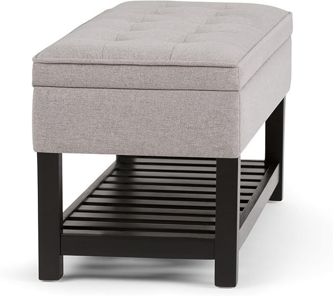 SIMPLIHOME Cosmopolitan Storage Ottoman Bench - 44 inch Wide Upholstered Linen Look Fabric Rectangle Storage Ottoman in Cloud Grey, Transitional Bench for Bedroom with Tufted Lift-Top and Open Shelf