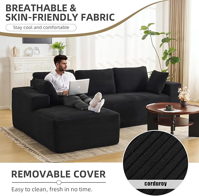 107" Boneless Couch, Sectional Couchs for Living Room & Bedroom, Cloud Couch with L-Shape Chaise Modern Modular Sofa with Deep Seat, No Assembly Required (Jet Black)