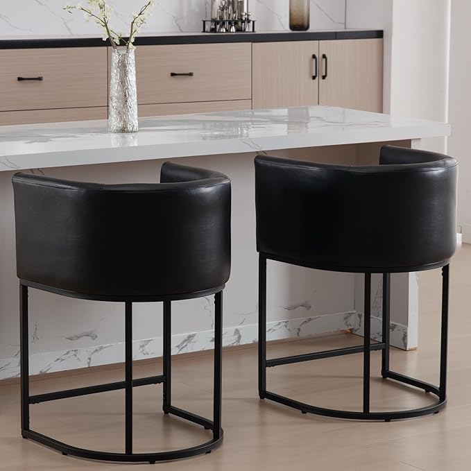 PU Leather Bar Stools Set of 2, Modern Upholstered Counter Height Bar stools 24" Leather Barstools Barrel Kitchen Counter Island Stools with Black Metal Base, Black