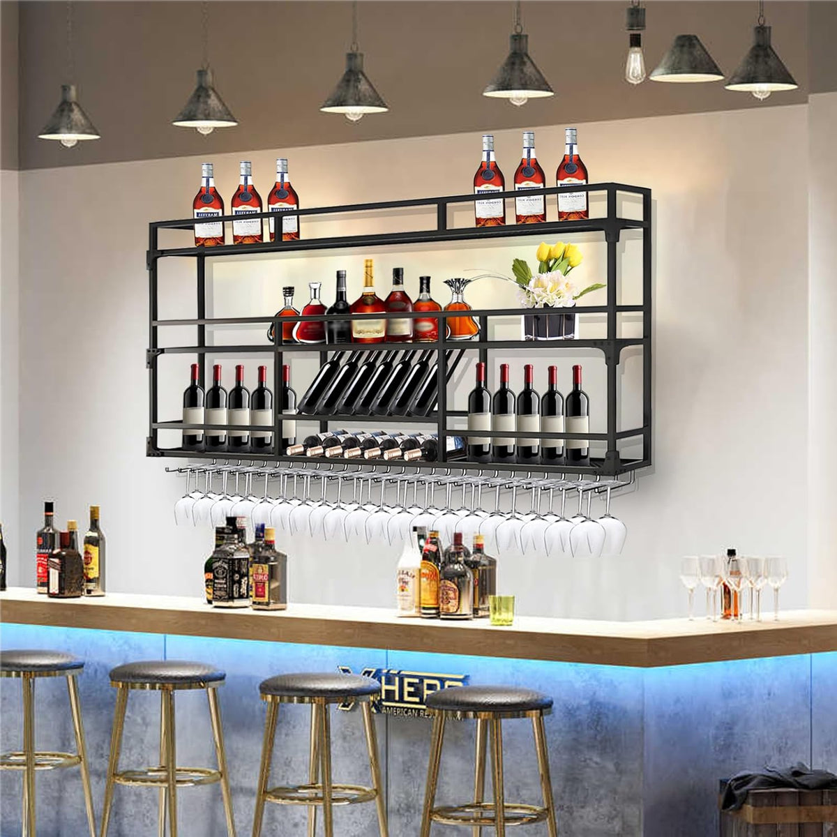 39.1in Wall Mounted Wine Rack, Wine Rack Wall Mounted With Wine Glass Rack, Metal Bar Bottle Display Shelf Wine Cups Hanging Holder, For Home Bar Cafe Dining Room Decoration (BLACK, 39.1*10*35.5inch)