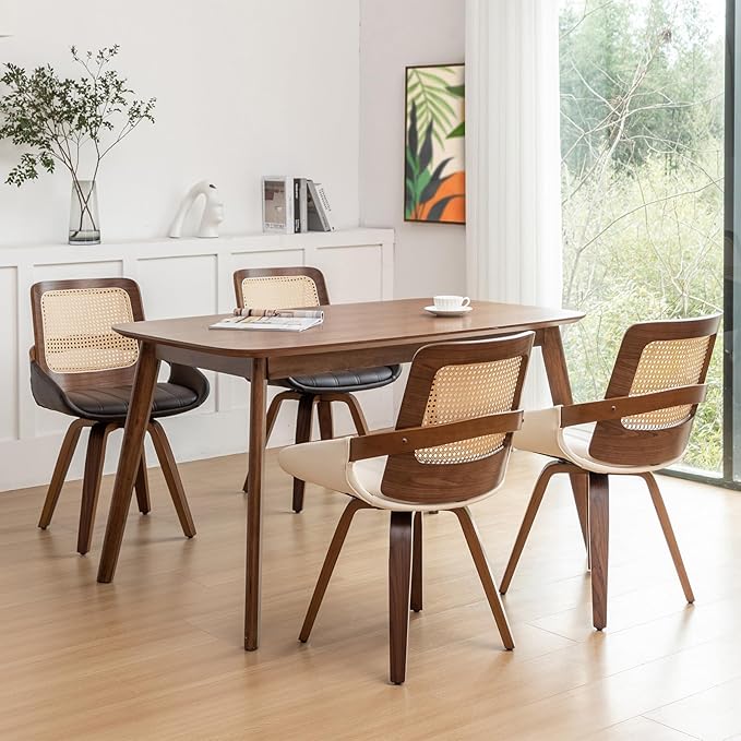 Set of 4 Mid Century Modern Chairs - Swivel Retro Walnut Dining Chairs with Ergonomic Cane Back, Curved Arms, Faux Leather Dining Chairs for Restaurant/Kitchen/Living Room (Walnut Brown)