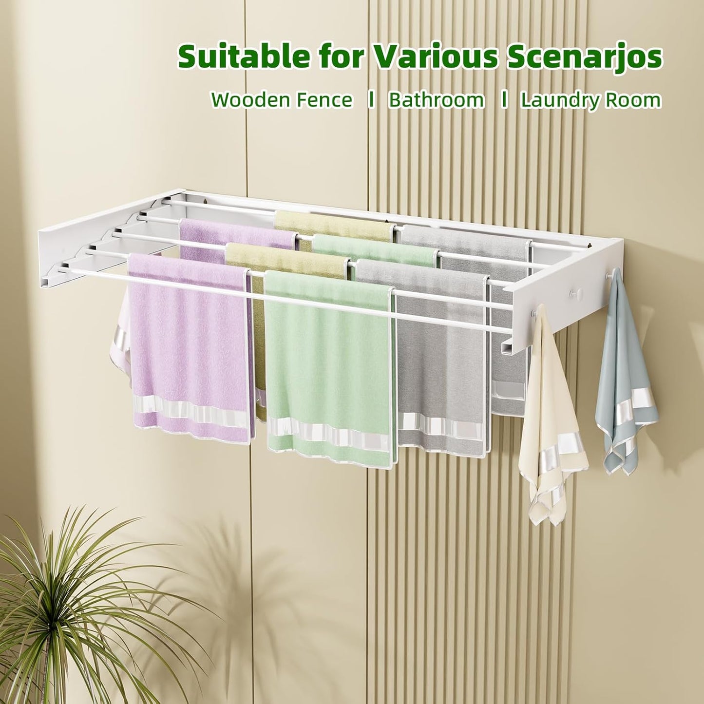 Wall Mounted Drying Rack for Laundry 40'', Folding Drying Rack Clothing Wall Mount with 5 Rods and 6 Hooks, Space Saving for Indoor Outdoor Bathroom Balcony (White, 40'')