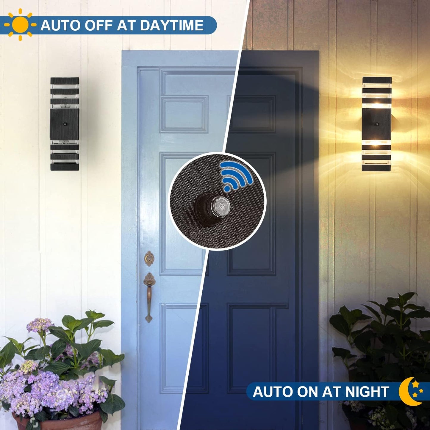 Dusk to Dawn Sensor Outdoor Wall Lights Up Down Porch Lights Modern Exterior Light Fixtures Photocell Waterproof Black Aluminum Housing for Front Porch, Patio, Garage (Use Two E26 Bulbs)