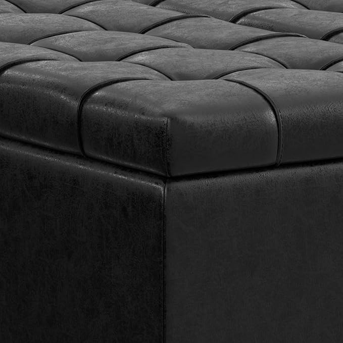 SIMPLIHOME Harrison 30 inch Wide Transitional Square Small Coffee Table Storage Ottoman in Distressed Black Vegan Faux Leather, Assembled, for The Living Room and Bedroom