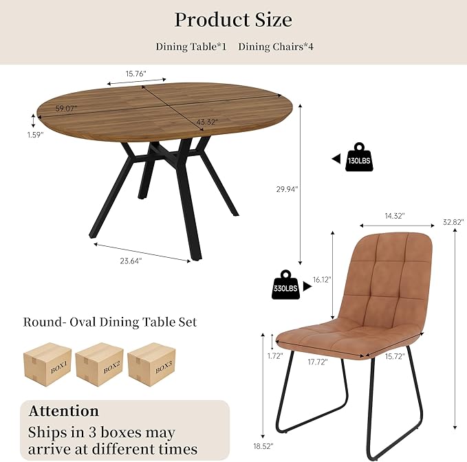 Extendable Round Dining Table Set for 4 People, 43.3"-59.1" Extendable Kitchen Table with 4 Upholstered Chairs, Space Saving for Kitchen Dining Room (Grey Table+4 U-Shaped Brown Chairs)