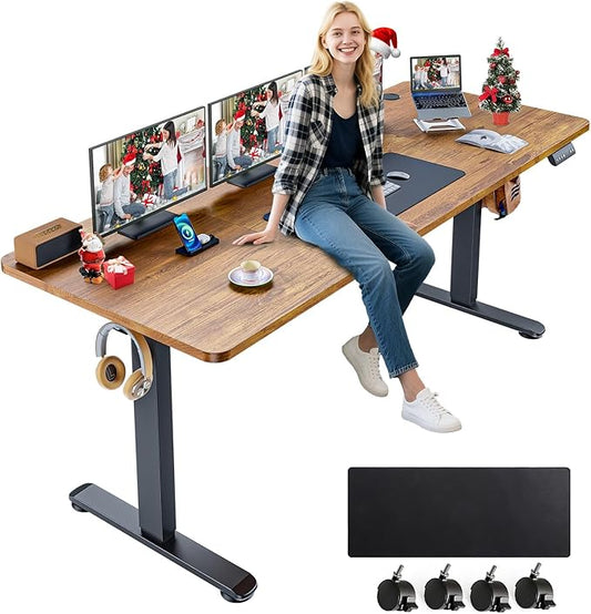 farexon Electric Standing Desk Adjustable Height, 70.8 x 27.5 Inch Sit Stand up Desk with Large Mouse Pad, Double Metal Hook,4 Wheels,4 Memory Preset Heights Home Office Computer Desk (Brown)