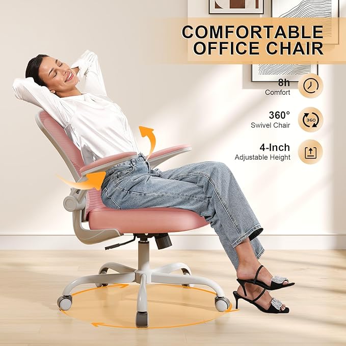 Synorla Office Chair, Ergonomic Desk Chairs 330LBS Capacity High Back Mesh Computer Chair with Flip-up Armrests, Comfy Work Chair with Adjustable Lumbar Support,Gray Pink, One Size