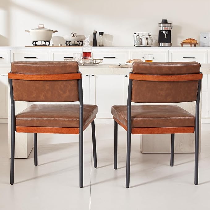 Modern Dining Chairs Set of 4, Kitchen Chairs with Thick Cushions and Adjustable Foot Pads, Upholstered Faux Leather Dining Room Chairs with Sturdy Metal Legs,Coffee
