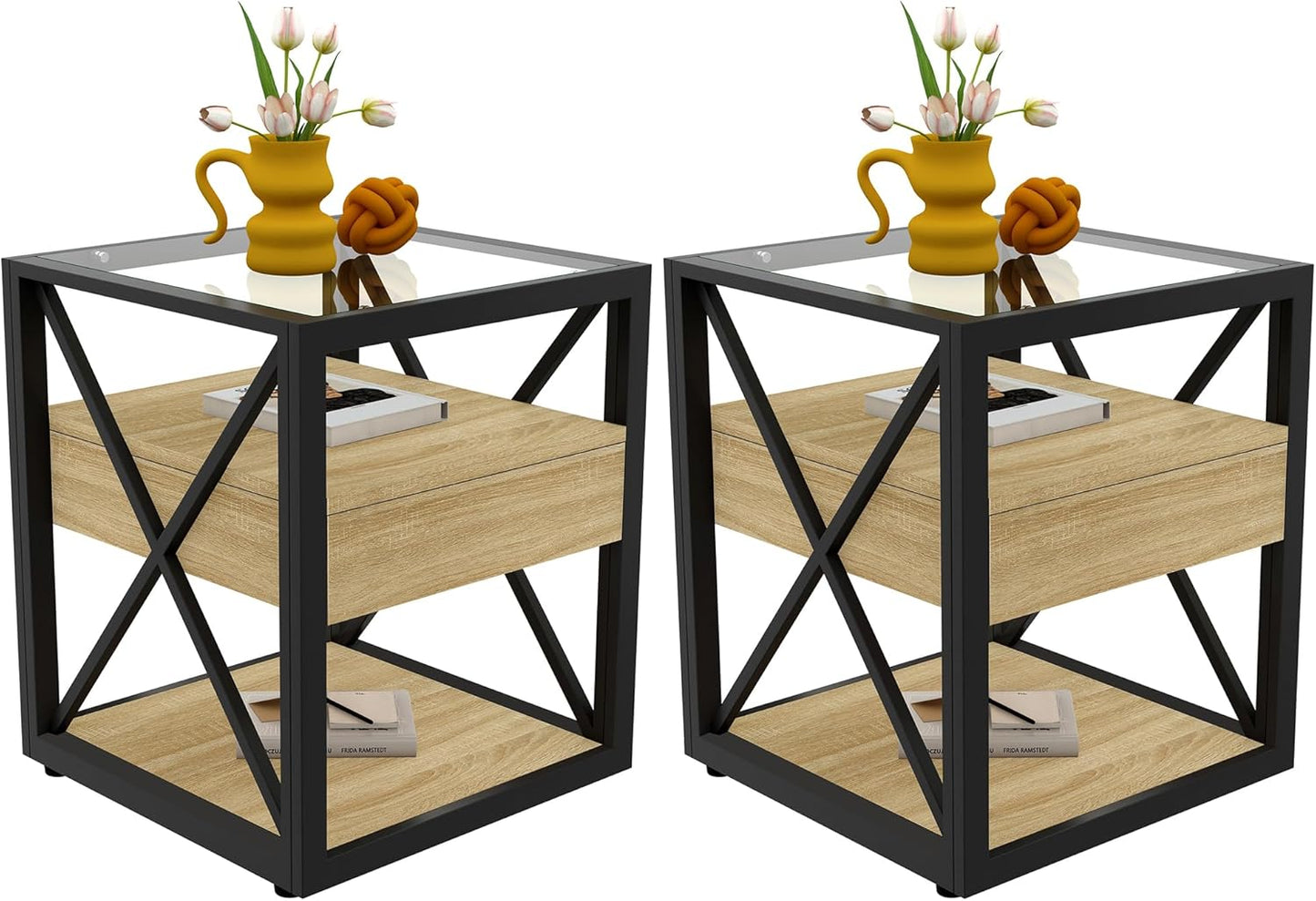 Farmhouse End Table Set of 2, Modern Side Table with Drawer&3-Tier Storage Shelf, Square Rustic Nightstand, Accent Tea Table, for Bedroom Office Living Room, Brown, Natural Wood, Glass, Metal