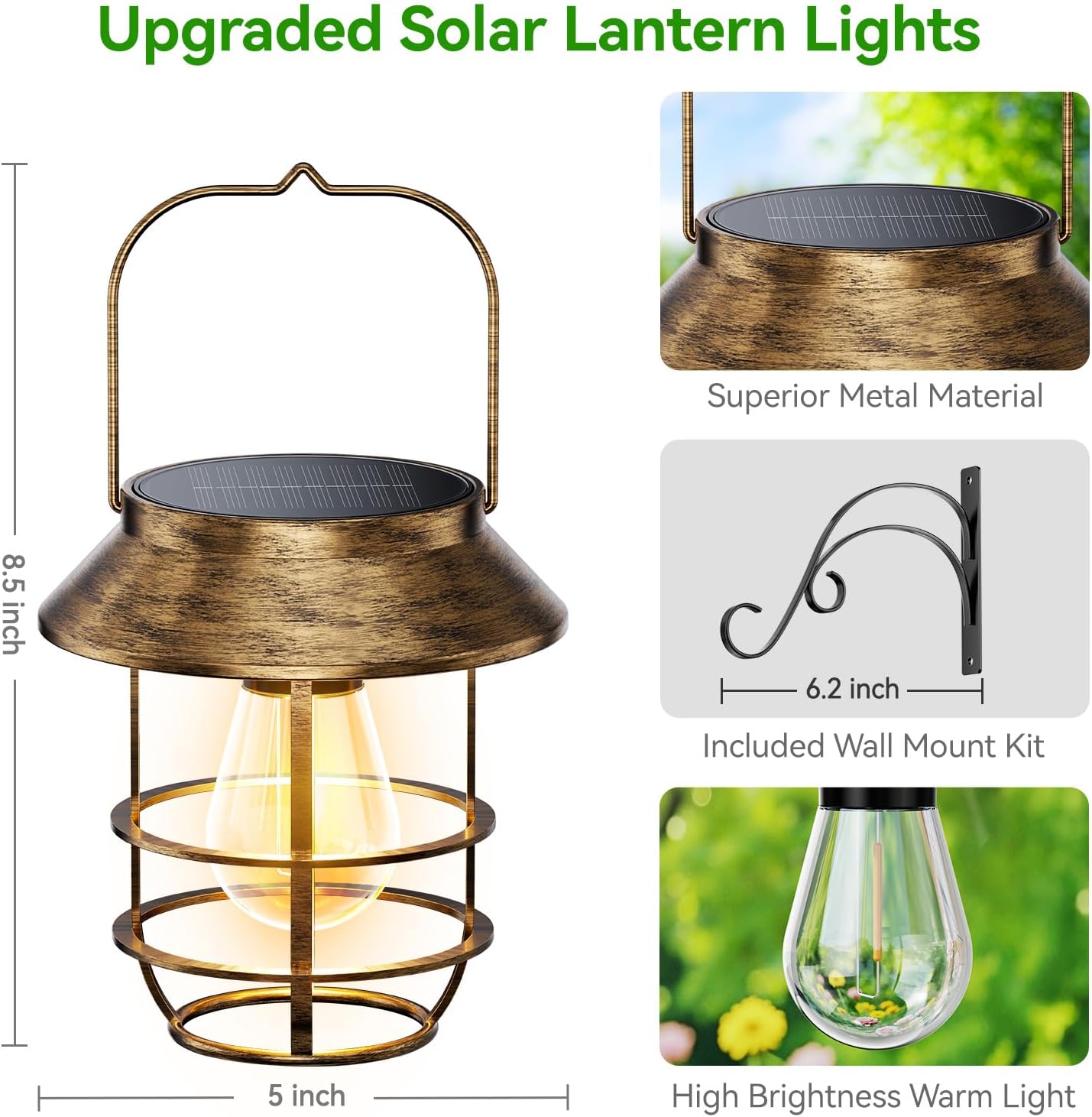 Solar Lanterns Outdoor Waterproof, High Brightness Hanging Solar Lights for Outside with Wall Hooks, Retro Metal Outdoor Lanterns Auto On/Off for Porch, Patio, Yard Decor 4 Pack