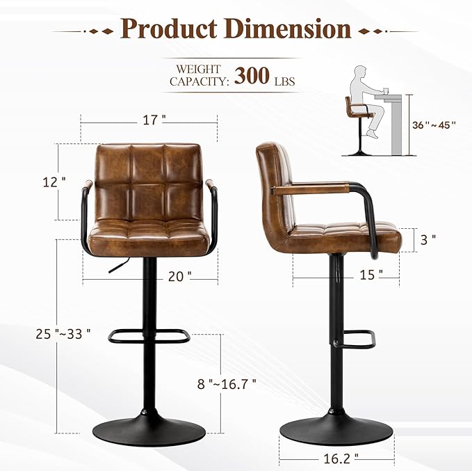 Furniliving Swivel Bar Stools Set of 4, Adjustable Kitchen Counter Height BarStools with Arms, PU Leather Upholstered Bar Chair with Back and Footrest for Dining Room, Kitchen, Pub, Bar (Yellowbrown)