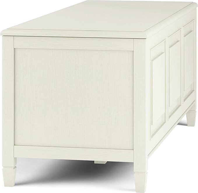 SIMPLIHOME Connaught Storage Bench - 51 inch Wide Solid Wood Trunk Bench in Antique White, Traditional Bench for Entryway with Lift-Up Lid and 3 Hidden Compartments