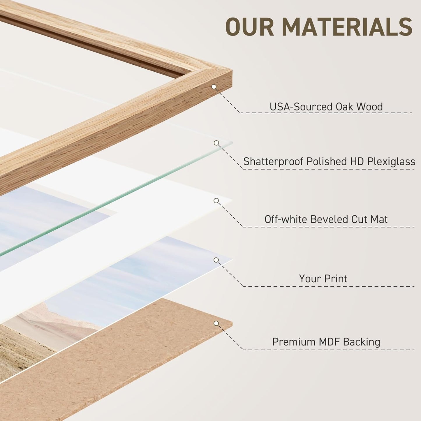 16x16 Picture Frame Set of 4 Natural Solid Oak Photo Frames with 12x12 Removable Mat Wall Hanging Large Handcrafted Frame with HD Plexiglass Wall and Tabletop Display Large Poster Frame