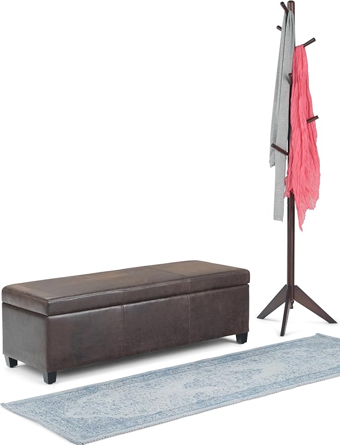 SIMPLIHOME Avalon Storage Ottoman Bench - 48 inch Wide Upholstered Vegan Leather Rectangular Lift-Top Ottoman in Distressed Brown, Contemporary Storage Bench for Living Room with High-Density Foam