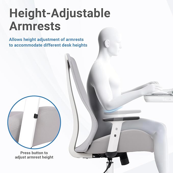 HYLONE Office Chair, 5" Thickened Seat Ergonomic Desk Chair with Adjustable Armrests, Home Office Computer Chairs for Long Hours Mesh Executive Chair(White Base&Grey)
