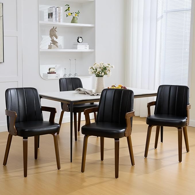 Kitchen Dining Chairs Set of 4, Faux Leather Upholstered Dining Room Chairs with Wood Arms and Legs, Mid Century Modern Kitchen Side Chair for Living, Bedroom, Restaurant, Walnut/Black