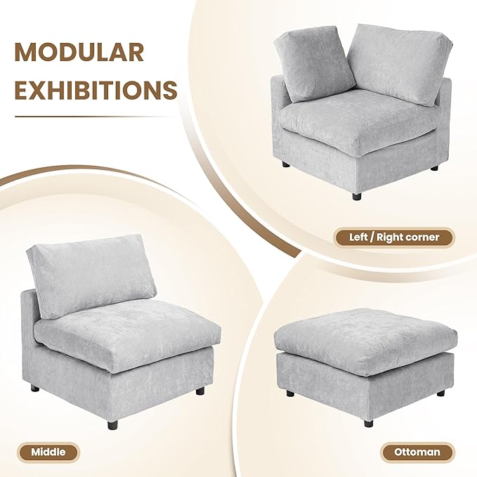 WJShome Modern V Shaped Sectional Couches for Living Room,100 Inch 5-Seater Chenille Deep Seat Modular Sofa with Ottoman, Cloud Couch for Bedroom and Apartment，Gray