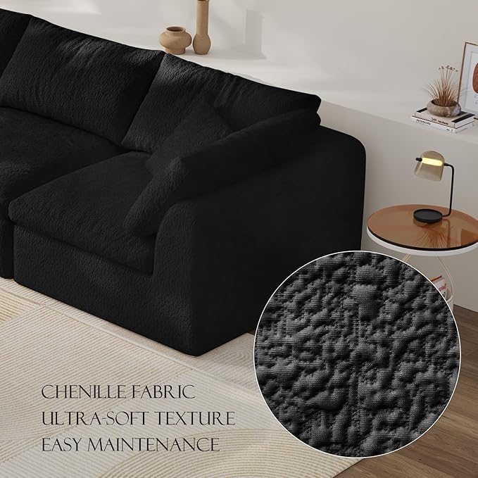 138" Boneless Cloud Couch Modular Sectional Sofa with Deep Seat for Living Room, L Shape Couch with Ottoman, Snowflake Cloth and 40D Memory Sponge，2 Throw Pillows (Black, 4 Seater+2 Ottoman)