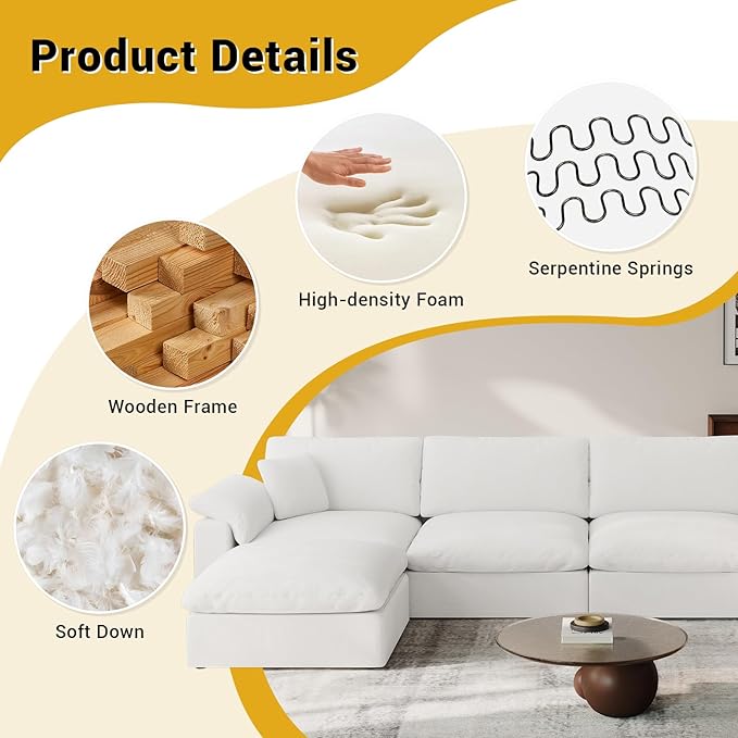 Cloud Modular Couch for Living Room,L Shape Linen Blend Sofas,Modern Deep Seat Cloud Sofas,Convertible Comfort Down Filled Sectional Couches,Removable Washable Cushion Covers,White