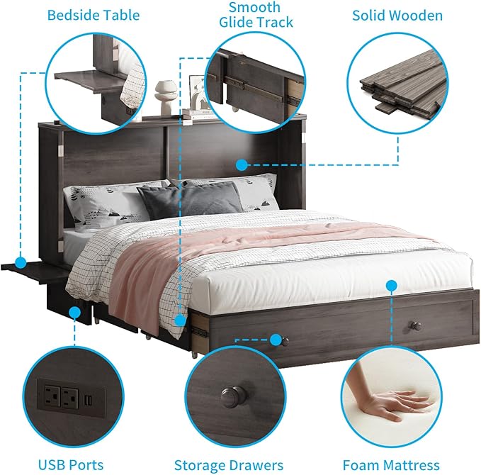 Mjkone Queen Murphy Bed Cabinet, Cabinet Bed with Built-in Charging Station, Storage Drawer, Solid Wood Cabinets Bed with Tri-fold Mattress, Cube Murphy Chest Beds for Guest Room, Home, Office, Grey