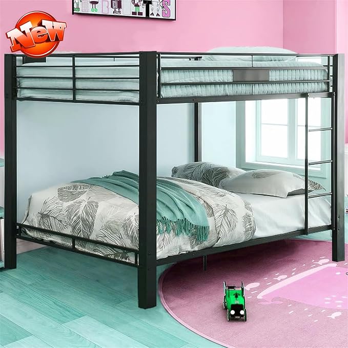 Higher Quality & Stronger Heavy Duty Steel Black Bunk Bed Queen Over Queen Size Bunkbed, Thickened More Stable Safer Metal Bunk Bed (Easier to Assemble)