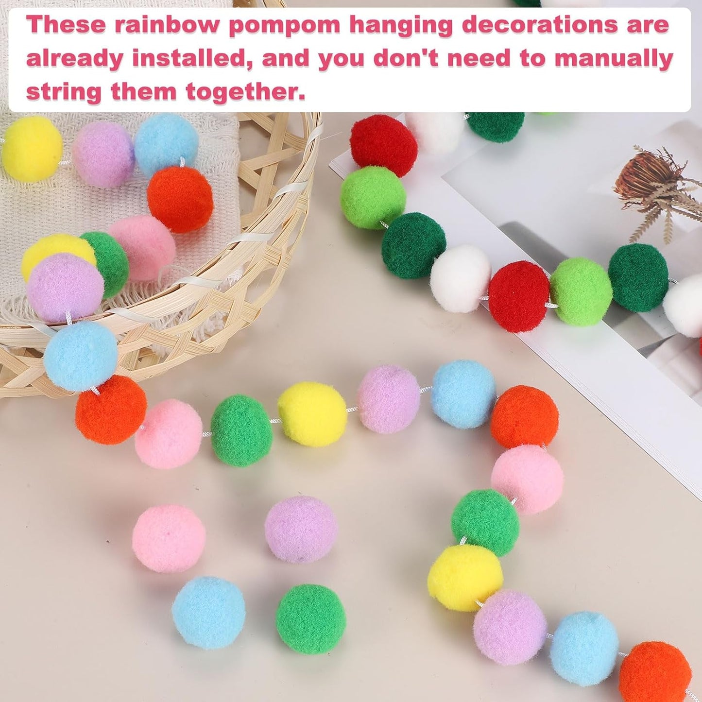 PATIKIL 26Ft Pom Pom Garland Decorations, 4Pcs Colorful Felt Ball Garland Banner Cute Rainbow Pompom Hanging Decorations for Tree Ornaments Homes Decor, Red/White